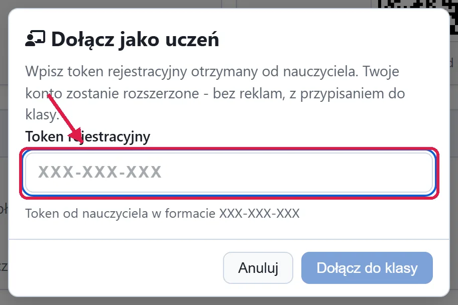 Okno Dołącz jako uczeń ze strzałką wskazującą pole tokenu