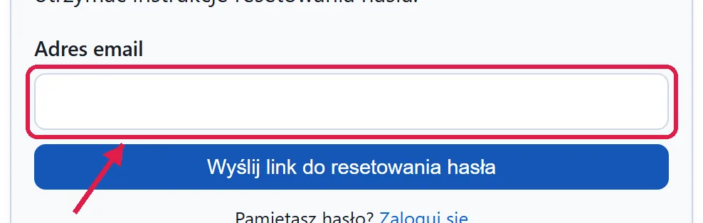 Formularz resetu hasła ze strzałką wskazującą pole adresu e-mail
