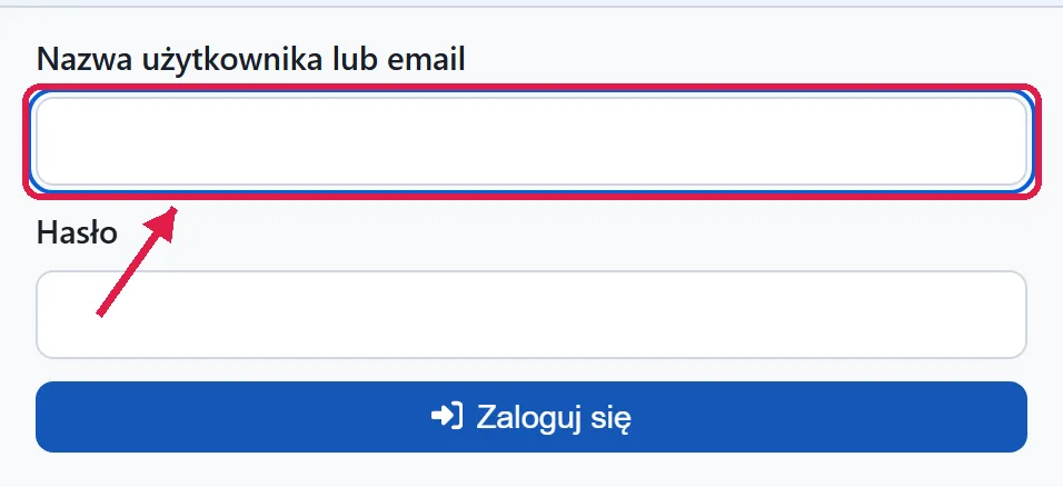 Formularz logowania ze strzałką wskazującą pole na login lub adres e-mail