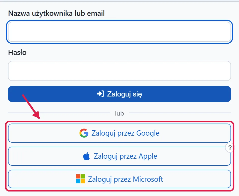 Strona logowania ze strzałką wskazującą przyciski logowania przez Google, Apple i Microsoft