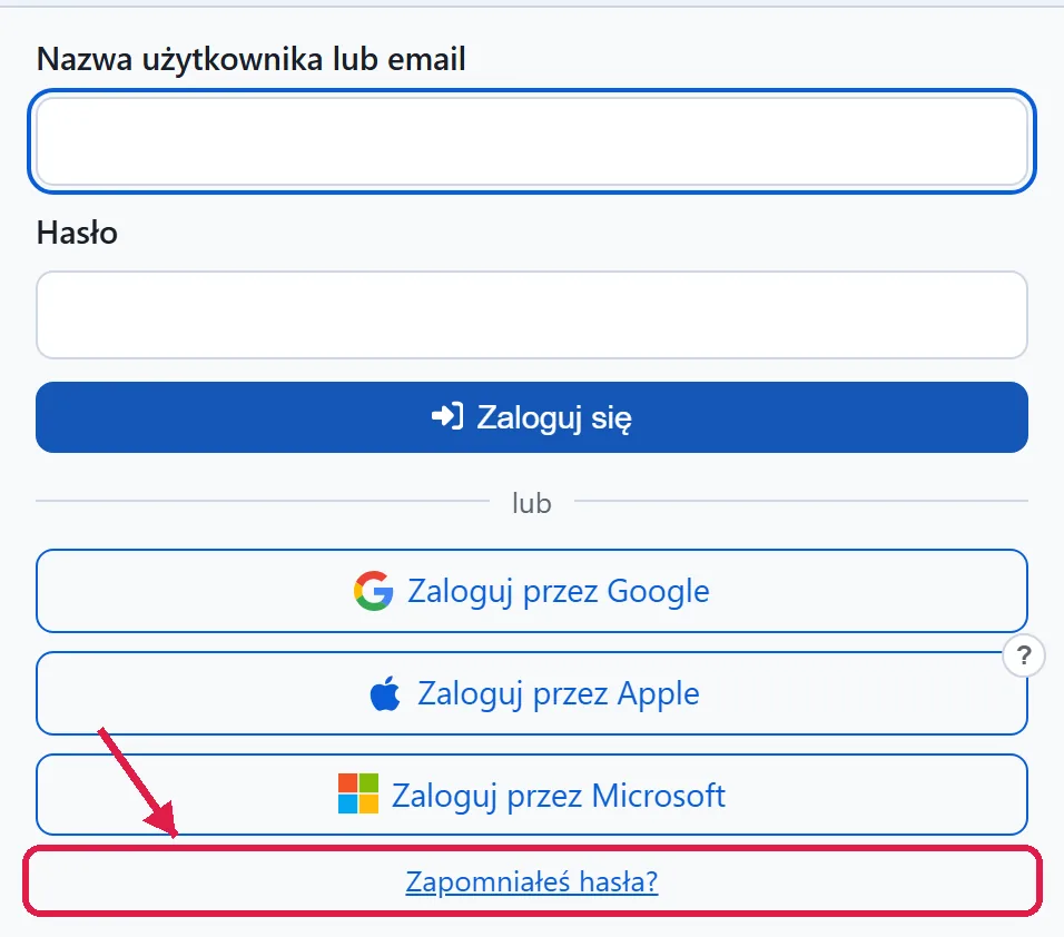 Strona logowania ze strzałką wskazującą link Zapomniałeś hasła pod formularzem
