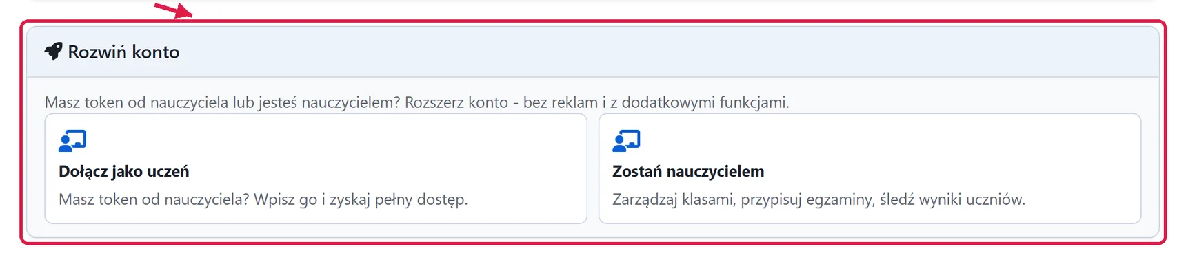 Profil zalogowanego użytkownika ze strzałką wskazującą sekcję rozszerzenia konta o rolę nauczyciela