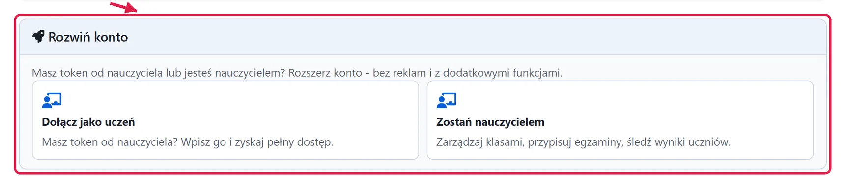 Profil zalogowanego użytkownika ze strzałką wskazującą sekcję rozszerzenia konta o rolę nauczyciela