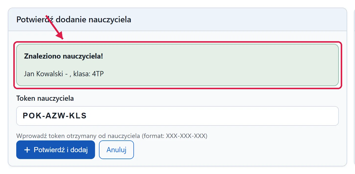 Potwierdzenie znalezionego nauczyciela z nazwą szkoły i klasy przed zatwierdzeniem