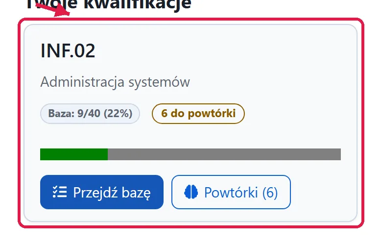 Hub nauki ze strzałką wskazującą dwa tryby przy kwalifikacji: Przejdź bazę i Powtórki