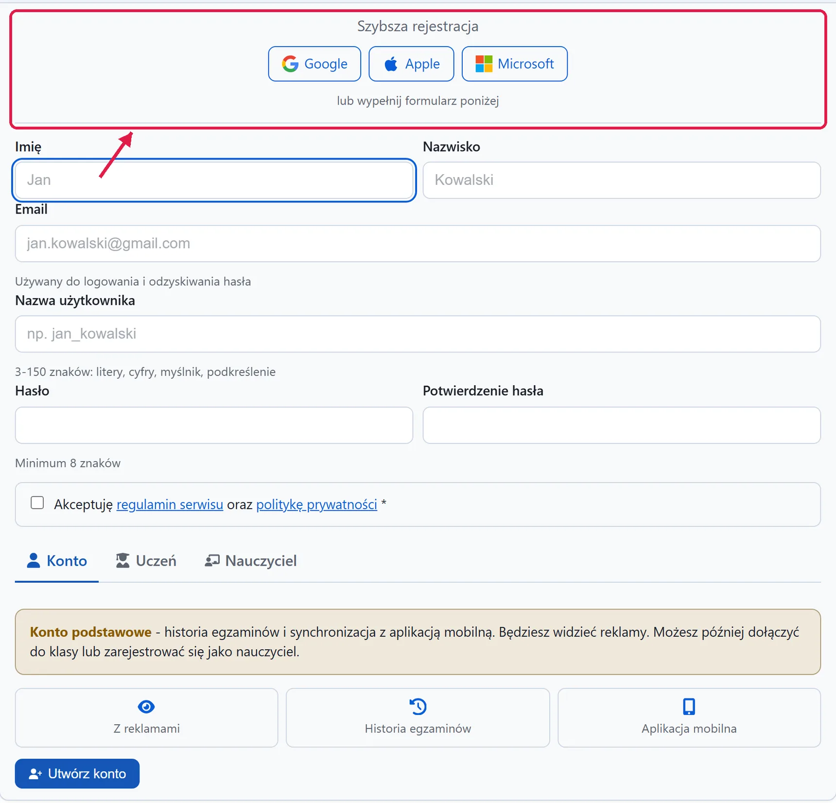 Formularz rejestracji ze strzałką wskazującą przyciski rejestracji przez Google, Apple i Microsoft