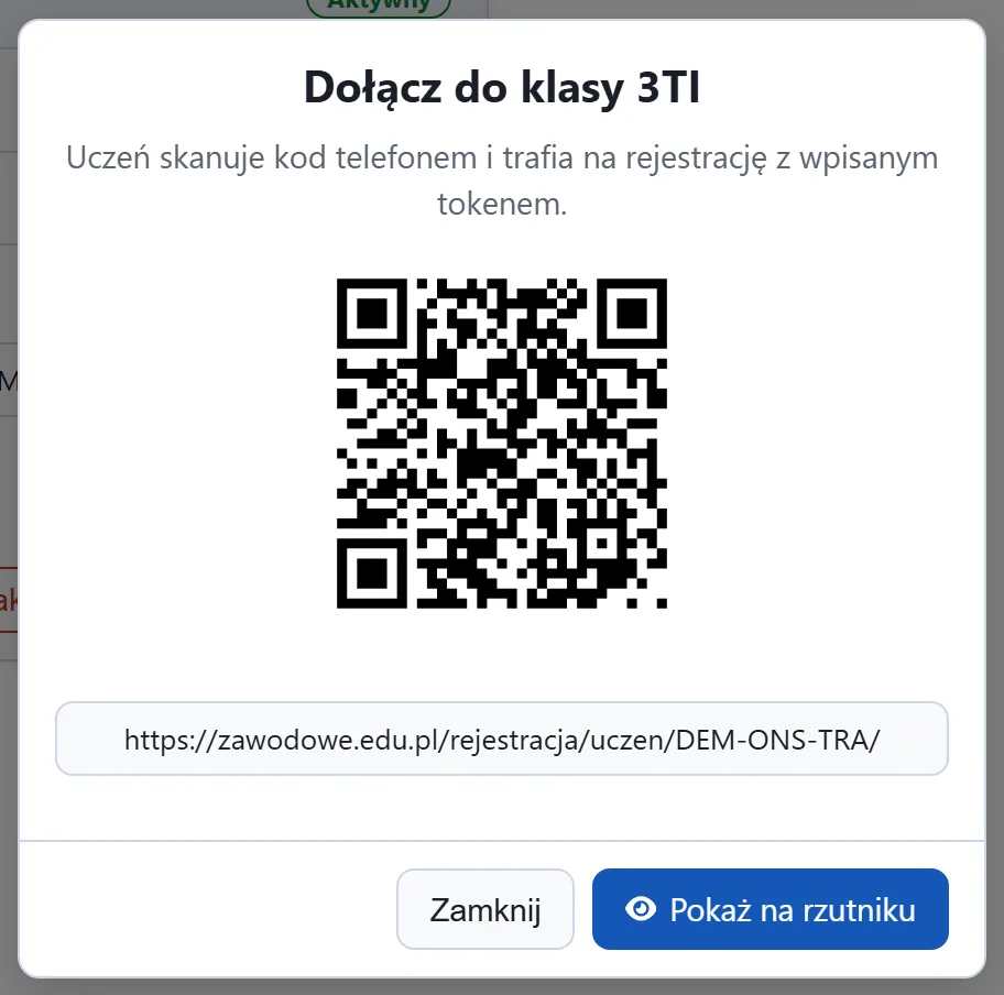 Karta aktywnego tokenu ze strzałką wskazującą kod QR i link do widoku na rzutnik