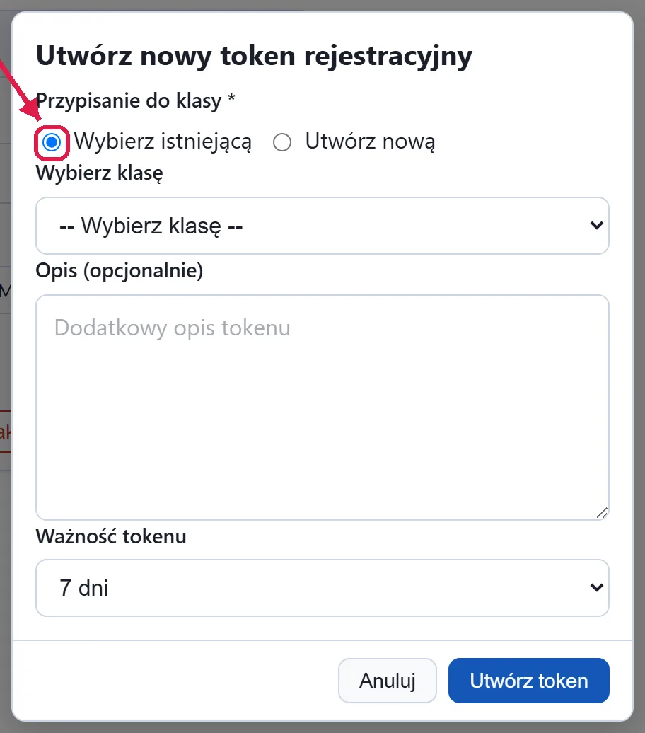 Okno tworzenia tokenu ze strzałką wskazującą wybór klasy i czasu ważności