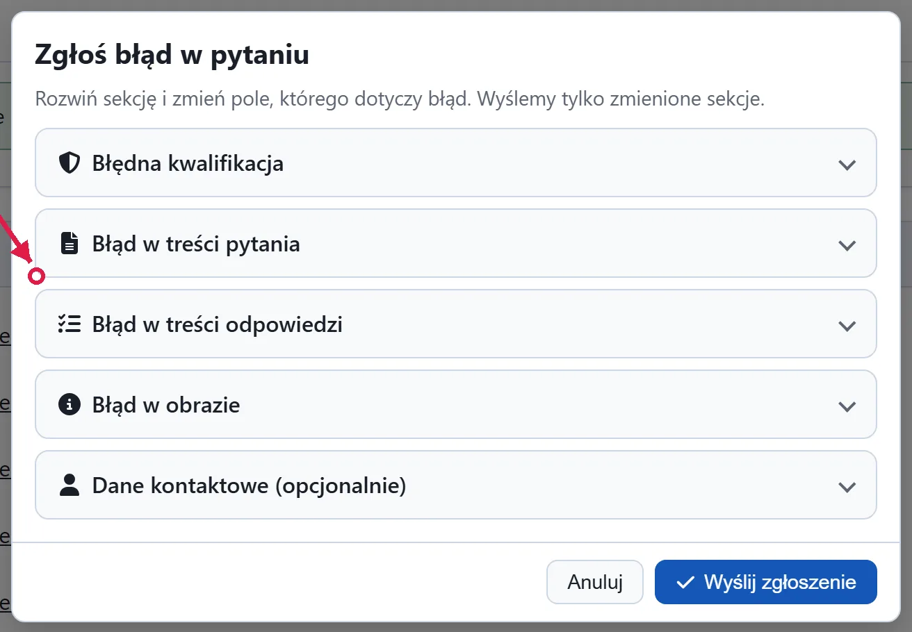 Okno zgłaszania błędu w pytaniu ze strzałką wskazującą pole opisu problemu
