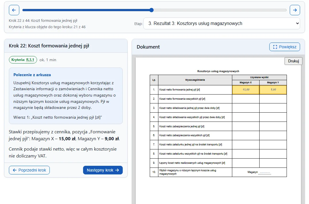 Krok rozwiązania arkusza SPL.01: kosztorys usług magazynowych z wpisanymi kwotami wyróżnionymi na żółto